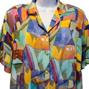 VTG Pierre Lamonte Women's Button Up Art Deco Abstract‎ Retro Sz L Pre Owned